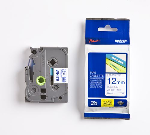Cinta Laminada blanco TZ-12mm de tonalidad azul TZE-233 Brother 12mm x 8mm x 1mm para Rotuladoras electrónicas P-Touch