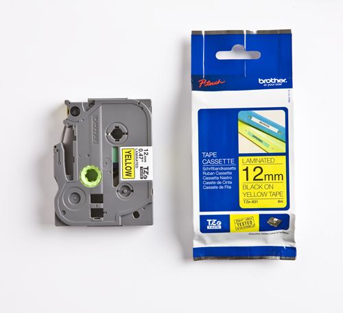 Cinta Laminada amarillo TZ-12mm de tonalidad negro TZE-631 Brother 12mm x 8mm x 1mm para Rotuladoras electrónicas P-Touch