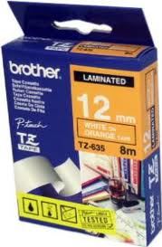 Cinta Laminada naranja TZ-12mm de tonalidad blanco TZE-635 Brother 12mm x 8mm x 1mm para Rotuladoras electrónicas P-Touch