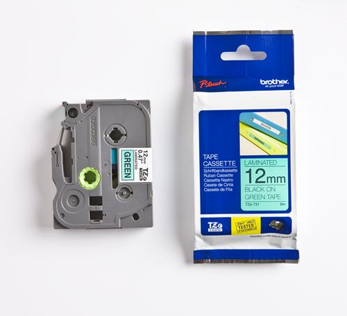 Cinta Laminada verde TZ-12mm de tonalidad negro TZE-731 Brother 12mm x 8mm x 1mm para Rotuladoras electrónicas P-Touch