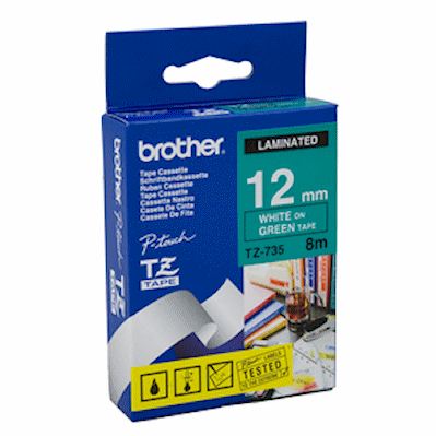 Cinta Laminada verde TZ-12mm de tonalidad blanco TZE-735 Brother 12mm x 8mm x 1mm para Rotuladoras electrónicas P-Touch