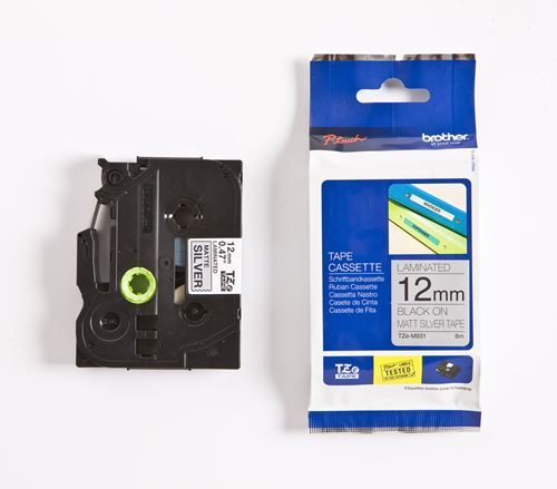 Cinta Laminada plata TZ-12mm de tonalidad negro (metálica) TZE-M931 Brother 12mm x 8mm x 1mm para Rotuladoras electrónicas P-Touch