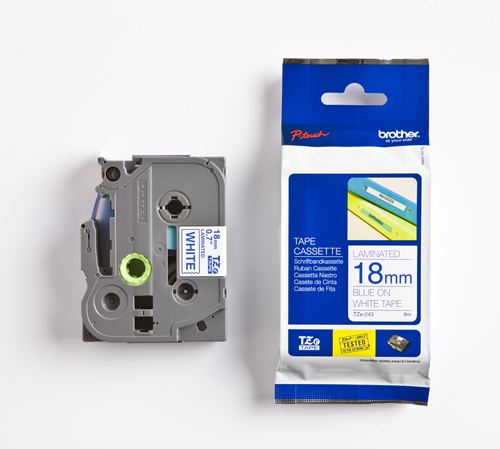 Cinta Laminada blanco TZ-18mm de tonalidad azul TZE-243 Brother 18mm x 8mm x 1mm para Rotuladoras electrónicas P-Touch