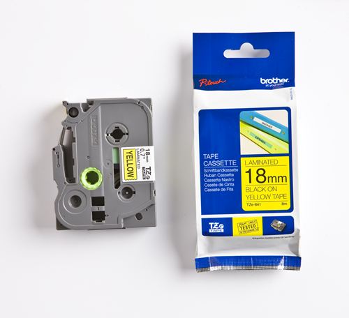 Cinta Laminada amarillo TZ-18mm de tonalidad negro TZE-641 Brother 18mm x 8mm x 1mm para Rotuladoras electrónicas P-Touch
