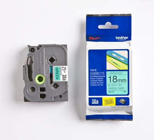 Cinta Laminada verde TZ-18mm de tonalidad negro TZE-741 Brother 18mm x 8mm x 1mm para Rotuladoras electrónicas P-Touch
