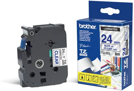Cinta Laminada transparente TZ-24mm de tonalidad azul TZE-153 Brother 24mm x 8mm x 1mm para Rotuladoras electrónicas P-Touch