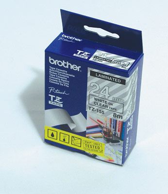 Cinta Laminada transparente TZ-24mm de tonalidad blanco TZE-155 Brother 24mm x 8mm x 1mm para Rotuladoras electrónicas P-Touch