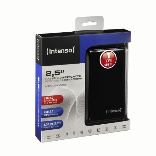 Disco duro externo Intenso Memory Case 2,5" USB 3.0, 1 TB, Velocidad de lectura 85,00 MB/s (570 x), Velocidad de grabación 75,00 MB/s (503 x), carcasa en plástico resistente, color negro