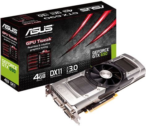 Tarjeta Gráfica GeForce GTX 690 3D Asus GTX690-4GD5 - PCI Express x16 3.0, 4 GB GDDR5 512 bits 6008MHz, 2560x1600, GPU 915MHz, Display Port Mini / DVI-D / DVI-I, SLI®, CUDA™, PhysX®, GPU Boost