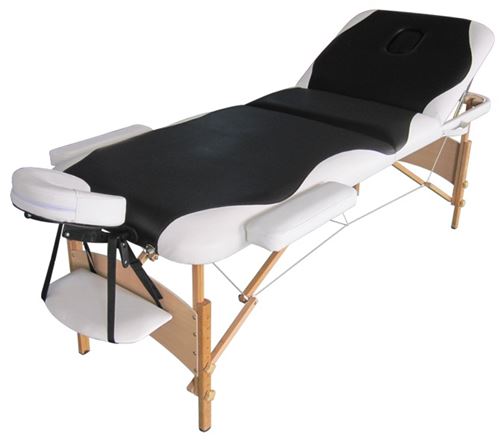Camilla Plegable Thermactol de madera 3 cuerpos - Incluye orificio facil + Bolsa de transporte con ruedas + Reposabrazos laterales + Reposacabezas - 17 Kg - Bicolor Blanco / Negro
