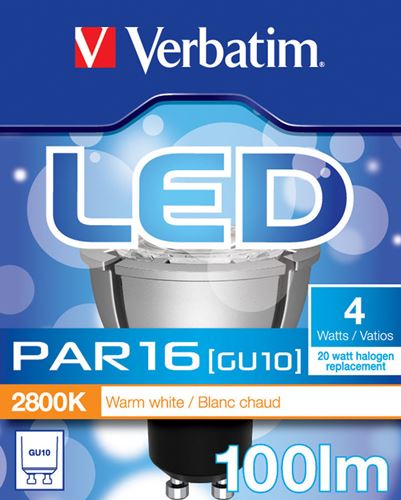 Foco LED PAR16 Verbatim - Casquillo GU10, Potencia 4W, 25.000 horas vida útil, Color de la luz WW 2800 K, Flujo luminoso 100 lm, Intensidad 380 cd