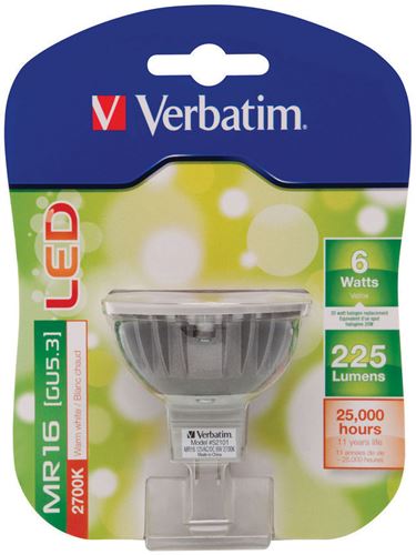Foco LED MR16 Verbatim - Casquillo GU5.3, Potencia 6W, 25.000 horas vida útil, Color de la luz WW 2700 K, Flujo luminoso 225 lm, Intensidad 550 cd