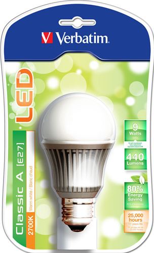 Bombilla LED Clássic A Blister Verbatim - Casquillo E27, Potencia 9W, 25.000 horas vida útil, Color de la luz WW 2700 K, Flujo luminoso 440 lm