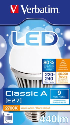 Bombilla LED Clássic A Verbatim - Casquillo E27, Potencia 9W, 25.000 horas vida útil, Color de la luz WW 2700 K, Flujo luminoso 440 lm