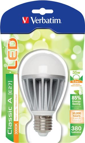 Bombilla LED Clássic A Verbatim - Casquillo E27, Potencia 6W, 30.000 horas vida útil, Color de la luz WW 3000 K, Flujo luminoso 380 lm