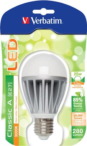 Bombilla LED Clássic A Verbatim - Casquillo E27, Potencia 4.5W, 30.000 horas vida útil, Color de la luz WW 3000 K, Flujo luminoso 280 lm