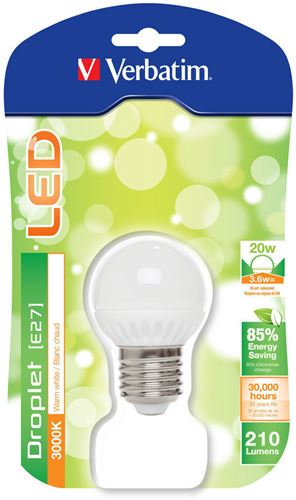 Bombilla LED Mini Esférica Verbatim - Casquillo E27, Potencia 3.6W, 30.000 horas vida útil, Color de la luz WW 3000 K, Flujo luminoso 210 lm