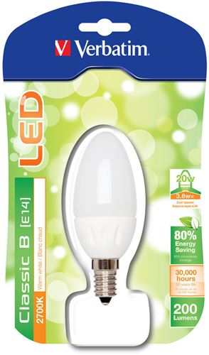 Bombilla LED Clássic B Esmerilada Verbatim - Casquillo E14, Potencia 3.8W, 30.000 horas vida útil, Color de la luz WW 2700 K, Flujo luminoso 200 lm