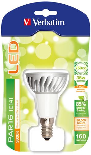 Foco LED PAR16 Verbatim - Casquillo GU10, Potencia 4W, 30.000 horas vida útil, Color de la luz WW 3000 K, Flujo luminoso 160 lm, Intensidad 750 cd