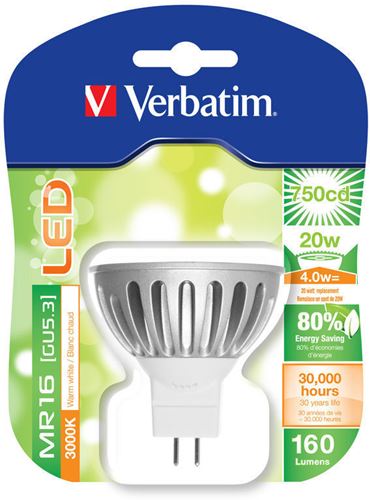 Foco LED MR16 Verbatim - Casquillo GU5.3, Potencia 3W, 30.000 horas vida útil, Color de la luz WW 3000 K, Flujo luminoso 160 lm, Intensidad 750 cd