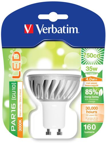 Foco LED PAR16 Verbatim - Casquillo E14, Potencia 4W, 30.000 horas vida útil, Color de la luz WW 3000 K, Flujo luminoso 160 lm, Intensidad 750 cd