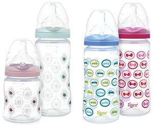 Biberón Intuición Segunda Edad Sin Asas de Cuello Ancho 300 ml de Tigex. A partir de los 6 meses, con tetina de Silicona.