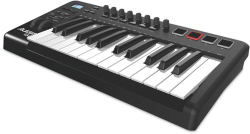 Teclado controlador Alesis QX25 USB/MIDI de 25 teclas, 8 controladores, 4 pads de percusión y controles dedicados de transporte.