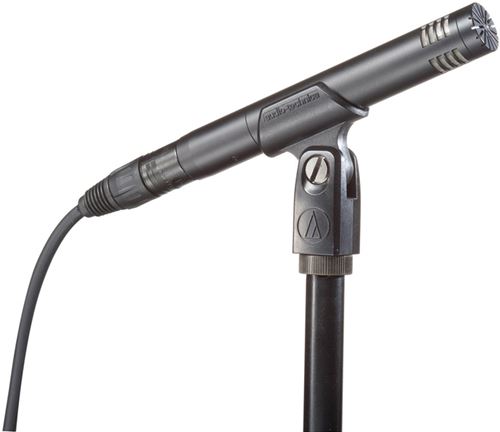 Pareja de micrófonos Audio-Technica AT2031 con un barra de sujección estéreo en estuche de madera.